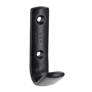 Schwarzer, matter Wandhaken aus Metall mit Lochprägung, Lochabstand 32 mm.