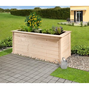 Jardinière surélevée Weka Herba naturelle (205x80x81cm) en épicéa avec plantations dans le jardin.