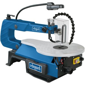 Seghetto alternativo Scheppach SD1600V, blu, con lampada e protezione lama trasparente.