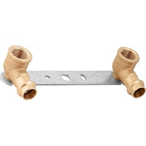 Unità di montaggio a pressare: 2 raccordi a gomito in bronzo rosso (Ø 15 mm, Rp 1/2) su guida per tubi in rame.