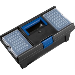 Boîte à outils LUX noire avec poignée bleue et compartiments de rangement transparents dans le couvercle.