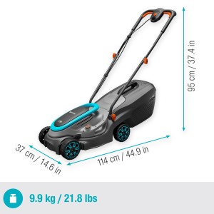 Gardena PowerMax 32/18V Solo tosaerba a batteria, tosaerba compatto con scocca blu-grigia e cesto di raccolta.