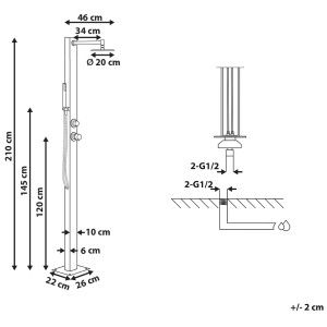 Disegno tecnico della doccia da giardino freestanding Beliani Olzai in acciaio inox con dimensioni.