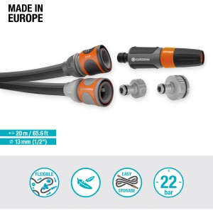 Set tubo da giardino Gardena Liano Life, 20 m, con spruzzatore, raccordo per rubinetto e raccordo per tubo.