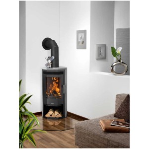 Poêle Justus Usedom 5 avec revêtement en stéatite, noir, 5 kW, avec du bois dans le compartiment.