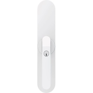Weißer Abus Fensterantrieb Wintecto One mit Schlüsselöffnung für smarte Fenstersicherung und Türsicherung.