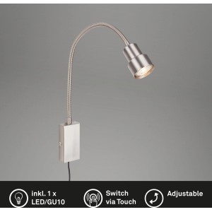 Lampe de chevet LED Briloner Tusi en nickel mat avec bras flexible et fonction tactile.