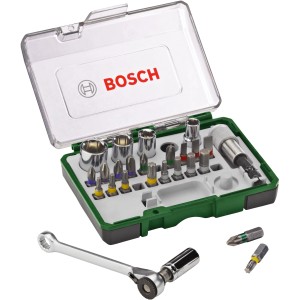 Set di punte e cricchetto Bosch Promoline, 27 pezzi, con punte, bussole e cricchetto in custodia verde.
