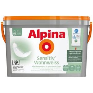 Secchio di Alpina Sensitiv Wohnweiss, 10 litri, pittura murale bianca per interni per soggetti allergici, testata per sostanze nocive.