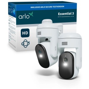 Arlo Essential 3 HD PTZ Sicherheitskamera 2er-Set in Weiß, mit Verpackung.