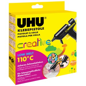 Pistola per colla a caldo UHU Creative Low Melt, nera in scatola gialla con 4 stick di colla.