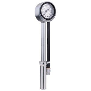 Birzman Dämpferpumpe Salut in Silber mit Manometer für präzise Druckregulierung bis 20 bar.
