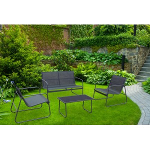 Salon de jardin Acamp Rhodos anthracite avec banc, fauteuils et table sur pelouse.