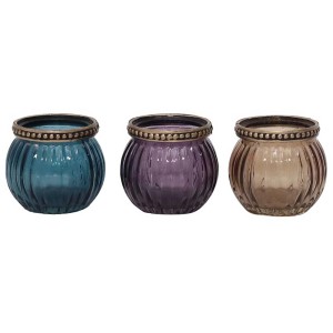 3 photophores Blumau en bleu, violet et or. Bougeoirs en verre pour une décoration d'ambiance.