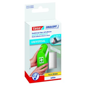 Tesa On & Off nastro a strappo adesivo, bianco, 1 m x 20 mm. Ideale per fissare oggetti leggeri.