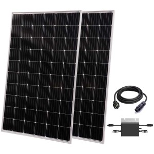 Technaxx Solar-Balkonkraftwerk TX-220 / 600 W mit 2 Solarmodulen, Wechselrichter und Anschlusskabel.