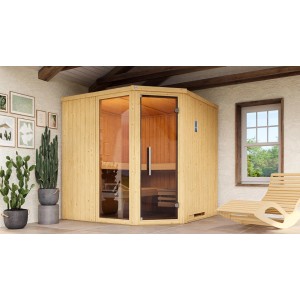 Sauna d'angle Weka Varberg avec porte vitrée, fenêtre et kit d'éclairage sauna. Incl. poêle.