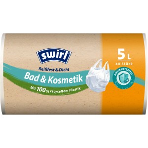 Swirl Sacs poubelle salle de bain et cosmétiques, 5L, 40 pièces, avec poignée, en plastique recyclé.