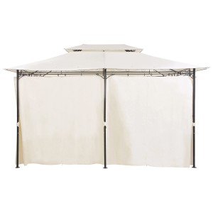 Gazebo Colos beige con struttura in acciaio e tende per il giardino.