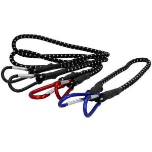 Kit de tendeurs de bagages Unitec, 3 pièces, avec mousquetons en noir, rouge et bleu.