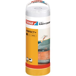 Tesa Easy Cover Perfect+ film de masquage avec ruban adhésif, rouleau pour travaux de recouvrement lors de la peinture.