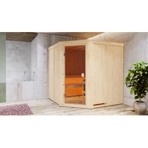 Sauna Karibu Kotka con ingresso ad angolo e porta in vetro bronzato in legno chiaro.
