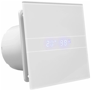 Ventilatore bianco Marley Premium P14 con indicatore di temperatura e umidità per collegamento Ø 100 mm.