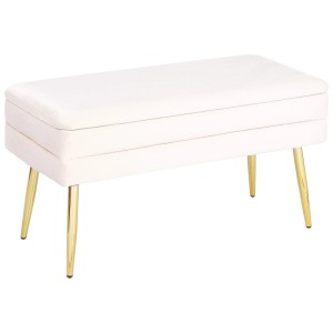 Panca contenitore Durham in velluto color crema con gambe dorate. Panca da giardino.