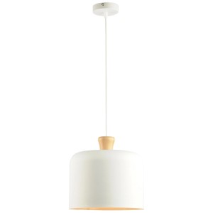 Lampada a sospensione bianca Mondilux Moab E27 con dettaglio in legno, Ø 28 cm.