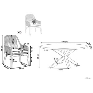 Schéma : Ensemble de meubles de jardin Beliani Oristano, table avec 6 chaises, dimensions et détails.