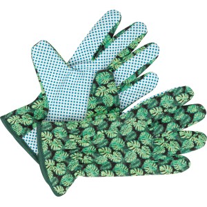Guanti da giardino in cotone, set da 3, taglia 8, con motivo a foglie verdi e pois.