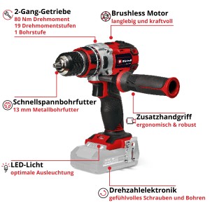 Visseuse-perceuse sans fil Einhell TP-CD 18/80 Li BL Solo : perceuse avec poignée supplémentaire et lumière LED.