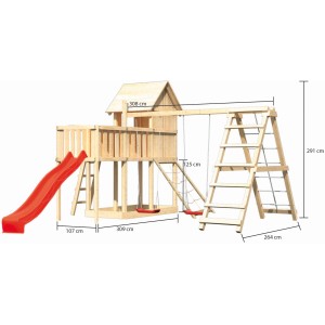 Maisonnette sur pilotis Karibu Frieda avec balançoire, structure d'escalade, toboggan rouge et rampe en filet. Tour de jeu en bois avec dimensions.