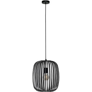 Lampada a sospensione nera Eglo Romazzina con paralume a strisce di metallo. Lampada moderna per interni.