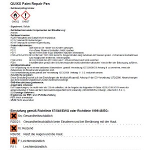 Etichetta della penna per ritocchi Quixx con informazioni sui pericoli e sulla sicurezza.