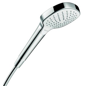 Douchette Hansgrohe Croma Select E Vario, blanc-chrome, avec bouton Select pour le choix du type de jet.