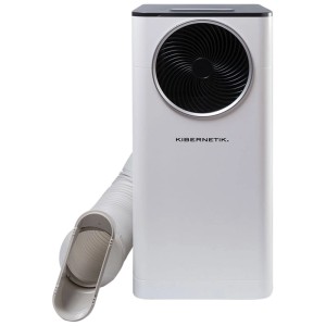 Condizionatore mobile Kibernetik KMO11000 bianco con griglia di ventilazione nera e tubo di scarico. Raffredda, ventila, deumidifica.