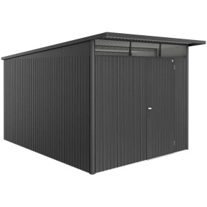 Casetta da giardino Biohort AvantGarde Eco Gr. A8 in grigio scuro metallizzato con tetto a una falda e porta standard.