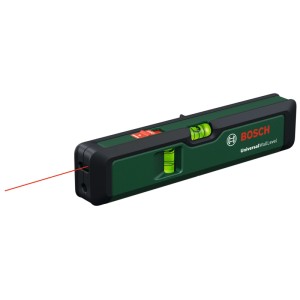 Bosch UniversalWallLevel Linienlaser in Grün mit rotem Laserstrahl und Wasserwaage.