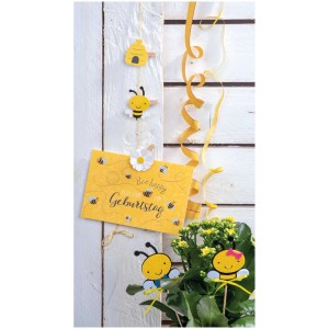 Papier-Girlande mit Bienen, Blumen und Klammern, ideal als Deko für Kindergeburtstage.