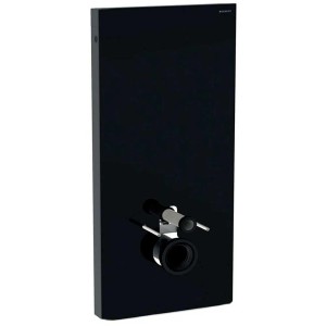 Geberit Monolith modulo sanitario per WC sospeso, frontale in vetro nero, pannelli laterali in alluminio.