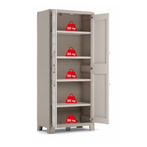 Armoire haute en plastique Gulliver beige clair avec portes ouvertes et cinq étagères.