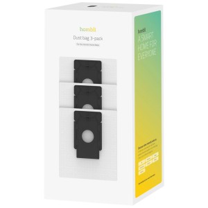 Set sacchetti per la polvere Hombli, 3 pezzi, per robot aspirapolvere. Scatola bianca con tre sacchetti neri.