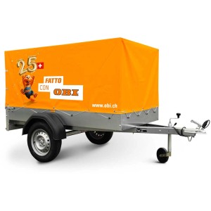 Remorque Stema AN 750 avec bâche haute OBI 60 cm, remorque auto avec bâche orange.