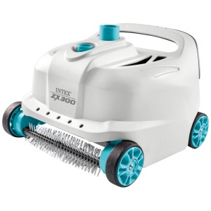 Robot de piscine Intex Auto-Pool Cleaner Deluxe ZX300, design en plastique blanc avec des accents bleus et des brosses.