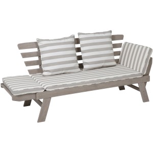Greemotion Multifunktionsliege Hawaii FSC® aus Akazienholz mit grau-weiß gestreiften Polstern und Kissen.