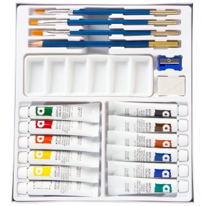 Set de peintures acryliques I Am Creative avec 12 couleurs, pinceaux, palette, crayon, taille-crayon et gomme.