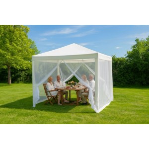Tente de jardin Starlyf Gazebo blanche 3x3m avec moustiquaire et structure en acier dans le jardin.