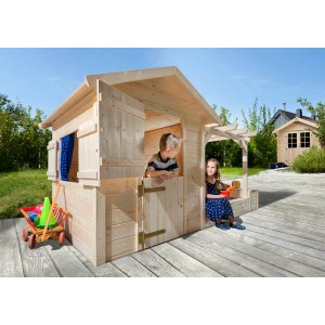 Cabane de jeux Weka Drachenhöhle Tabaluga avec bac à sable et 2 enfants dans le jardin.