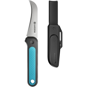 Coltello per raccolto Gardena VeggieCut con fodero e affilacoltelli. Coltello da giardino con lama curva.